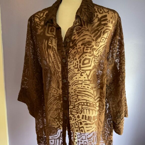 Sheer Brown Cutout Button Down Blouse 18W - Picture 2 of 5